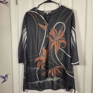 Jess & Jane Floral Rhinestone Tunic Top - High-Low Chiffon Hem - Medium